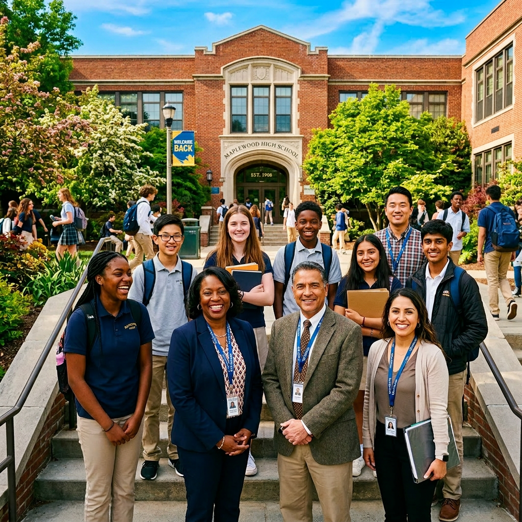 Group of diverse high school students and staff standing on steps outside Maplewood High School